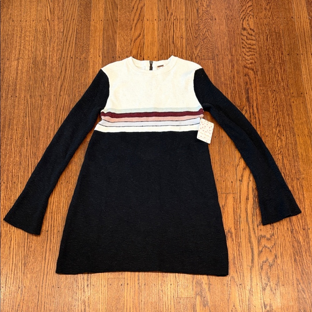 NWT Free People Long Sleeve Colorblock Sweater Dress Black XS Linen Cotton - Picture 2 of 8